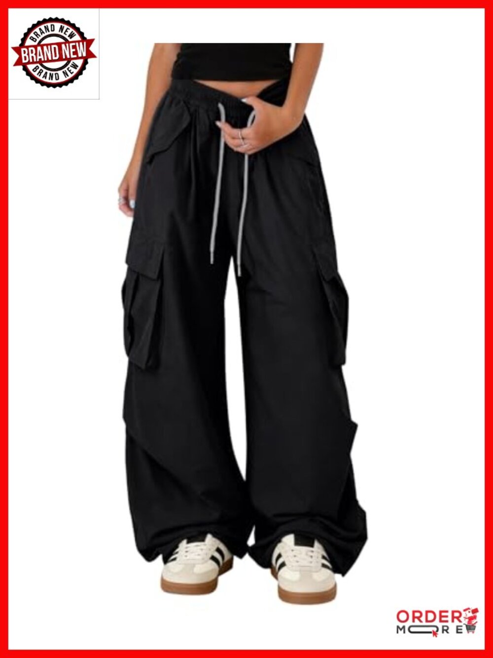 Baggy Wide Leg Cargo Pants Y2K Barrel Streetwear Drawstring Trousers